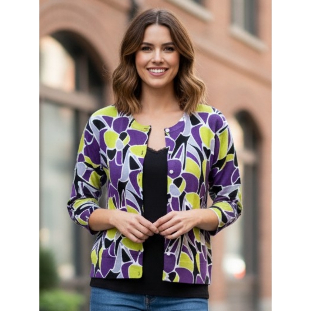 Nue Options Button Up Cardigan Abstract Purple & Lime Size SP